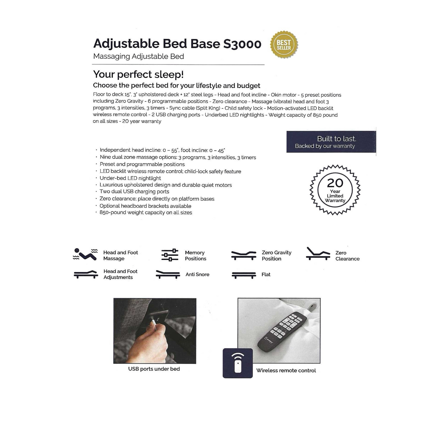 S3000 Massaging Adjustable Base