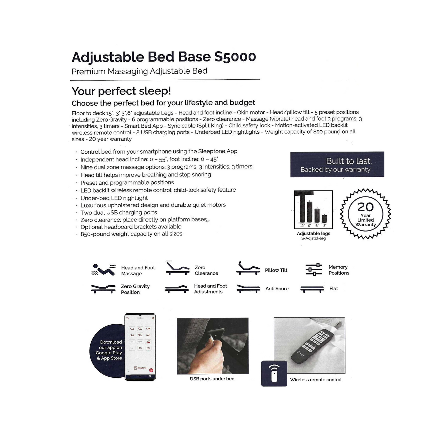 S5000 Premium Massaging Adjustable Base