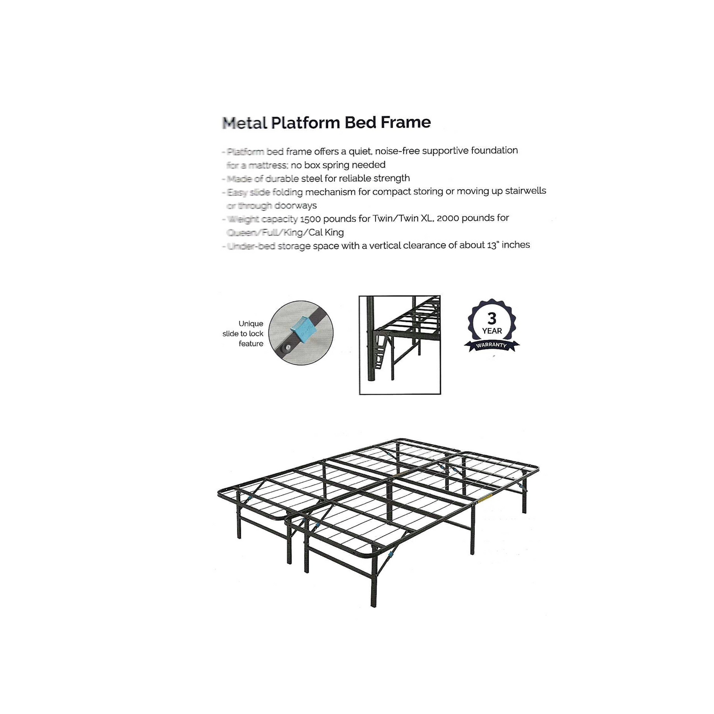 Foldable Metal Platform Storage Bed Frame